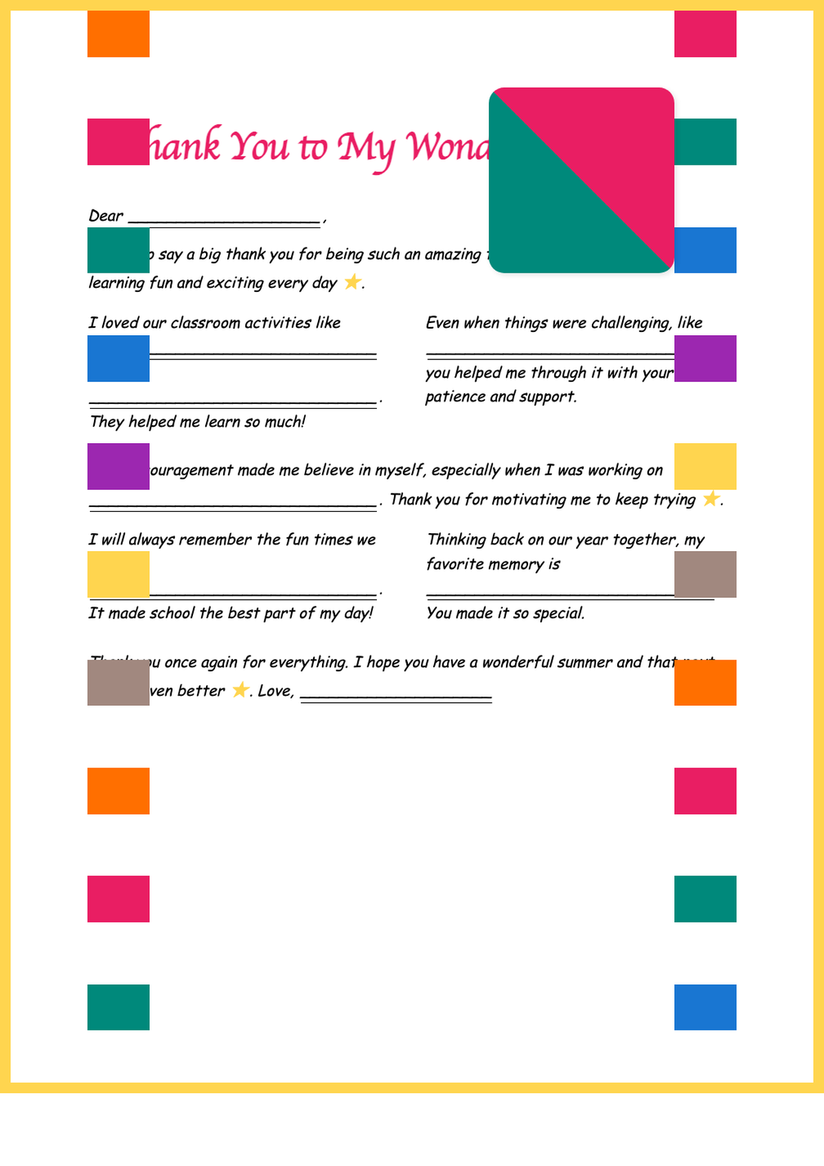 Colorful fill in the blank teacher thank you note template with polka dots and crayons_variant_3